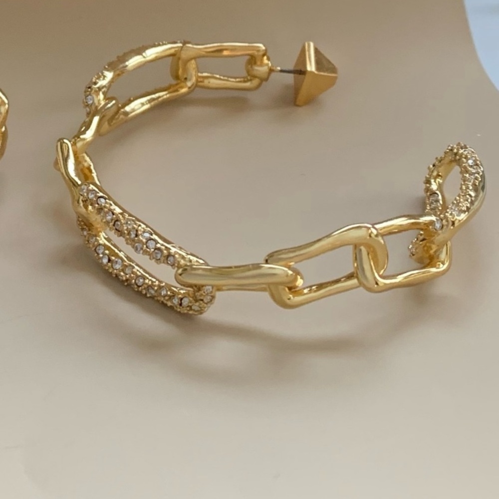 Alexis Bittar XL Golden Crystal Encrusted Textured Chain Link Hoop Post Earrings - Picture 8 of 16